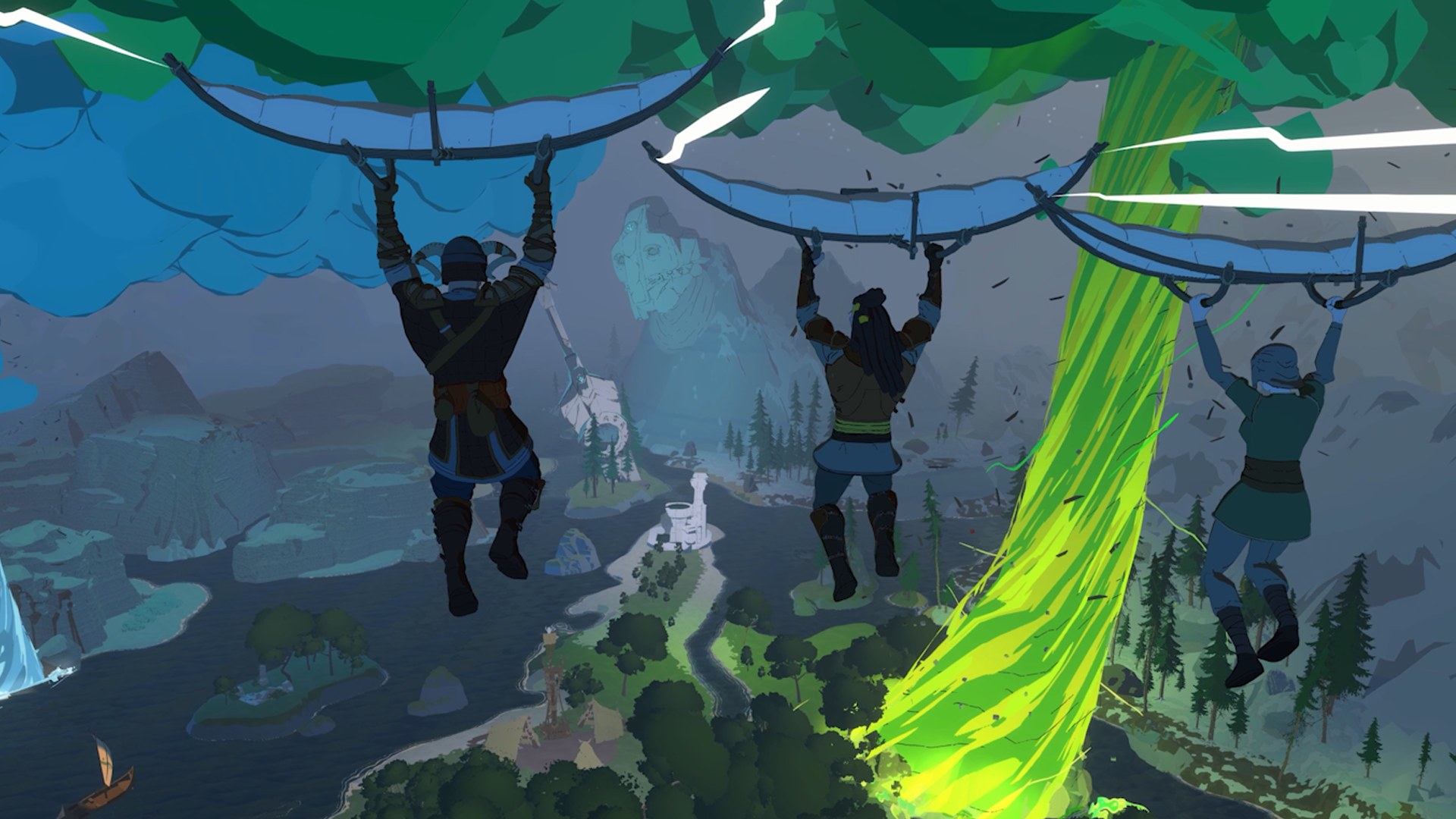 Three gliders soar over Sorana — a cel-shaded fantasy landscape with a green magical-storm column and a distant ancient statue. Image: Roboto Games, official press kit.